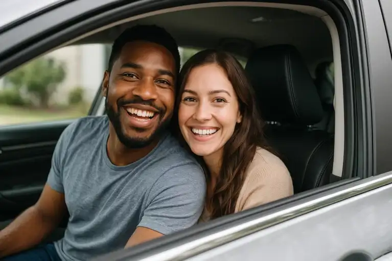 Smiling couple in their new used car after purchase at CarHop – buy here, pay here dealership helping drivers with no or bad credit