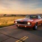 A Chevrolet Camaro driving on an open road.