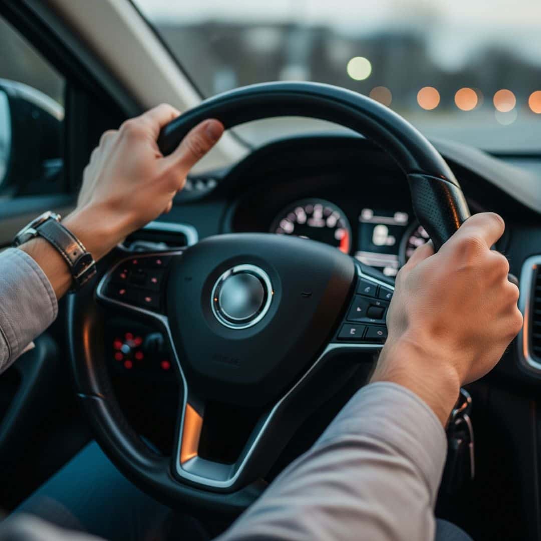 A person's hands on a steering wheel