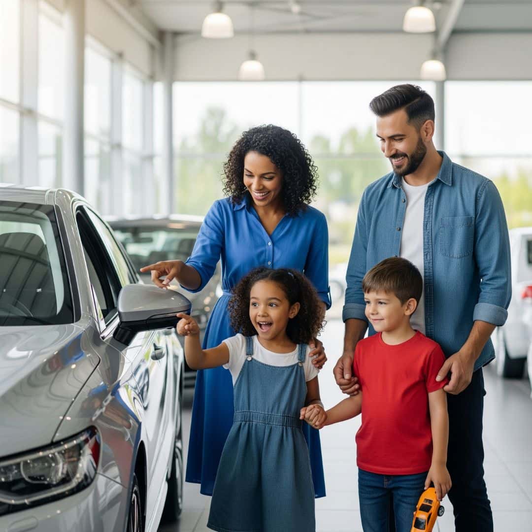 A happy family looking at a new car at a dealership