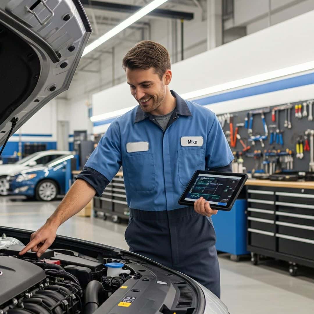 A technician smiling while inspecting a vehicle in a clean garage 