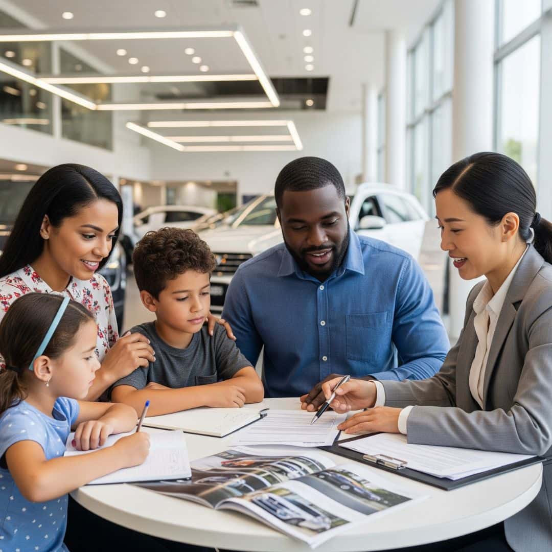 a family reviewing paperwork with a car dealership staff member 