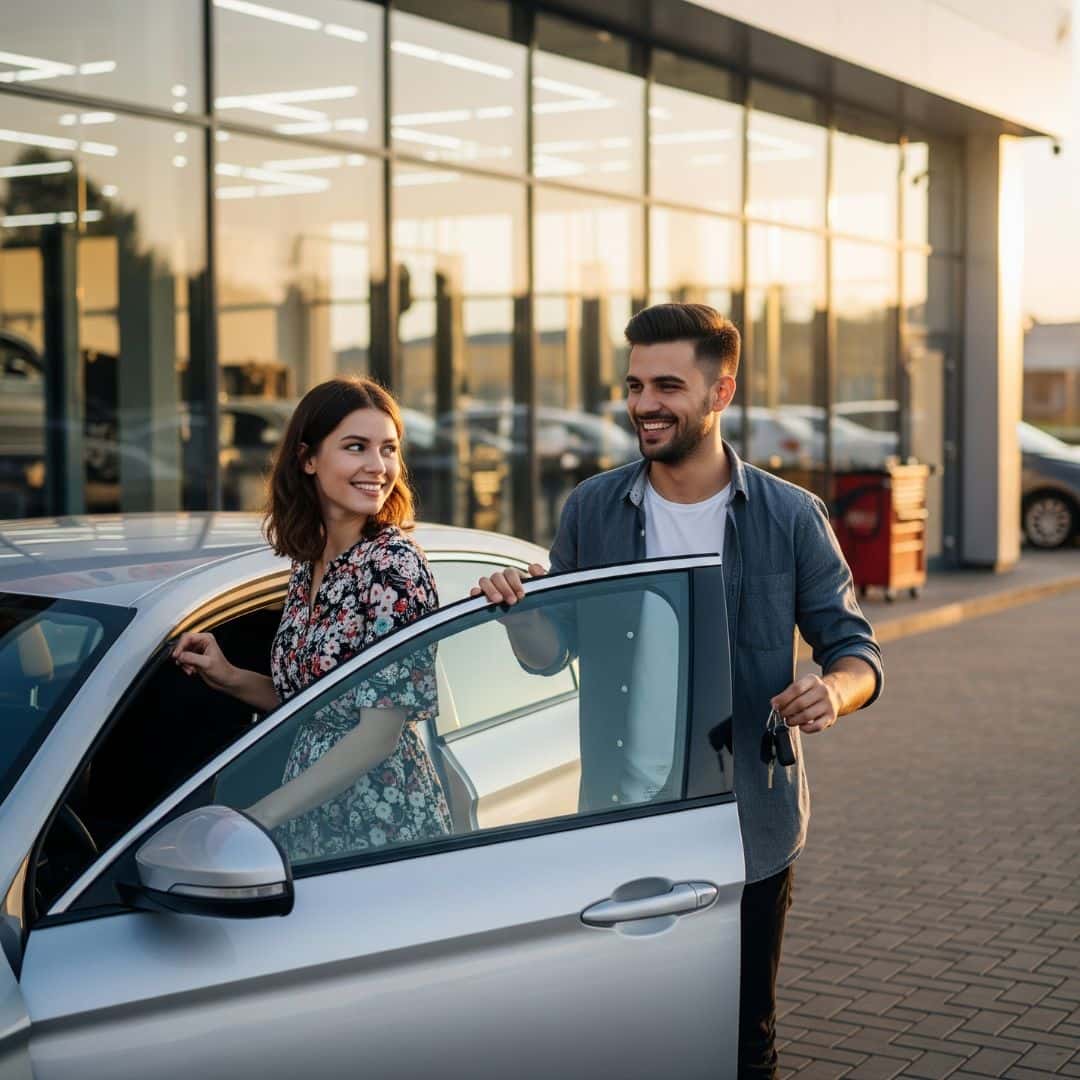 A happy couple getting into their car after a service appointment