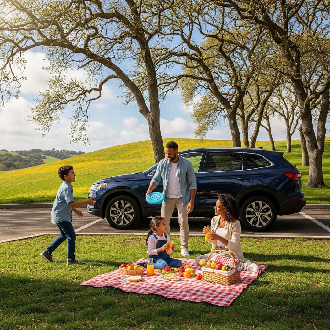 A family having a picnic next to their parked SUV in a scenic park