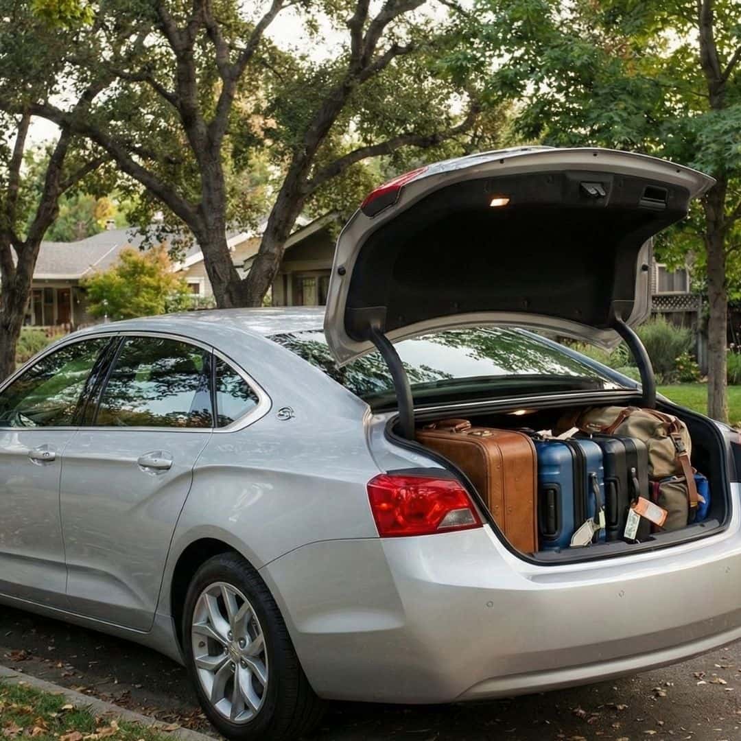 he open trunk of a Chevrolet Impala, filled with a variety of luggage and bags.