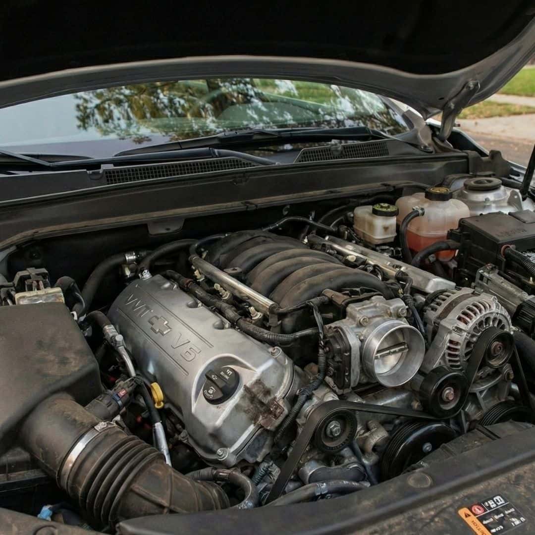 A close-up view of the V6 engine inside the engine bay of a Chevrolet Impala.