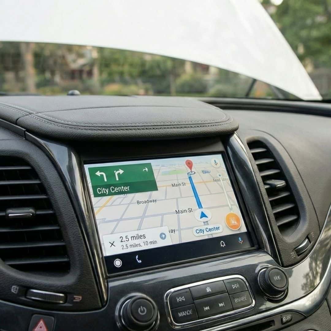 A close-up of the Chevrolet Impala's infotainment screen displaying a navigation map with a route.