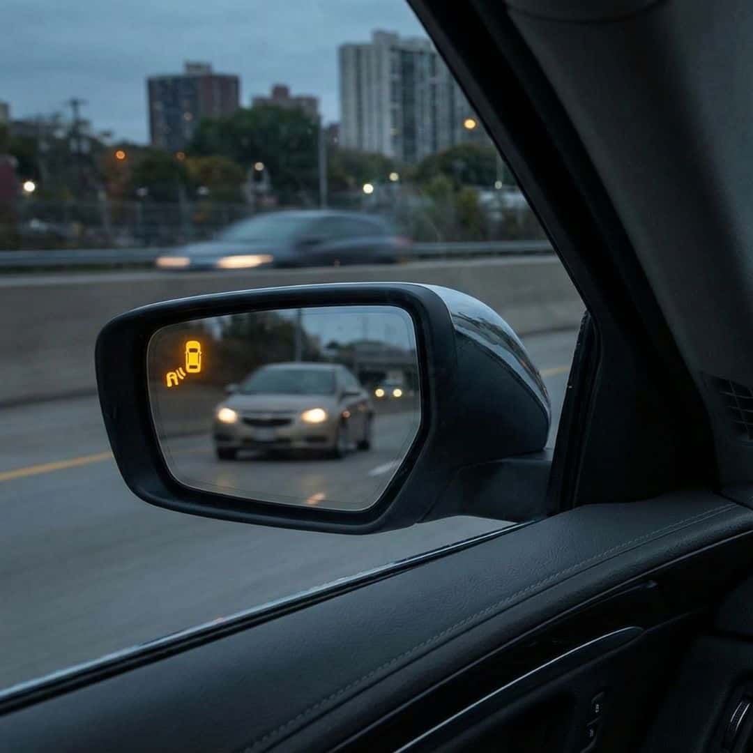 A view from the driver's seat of a Chevrolet Impala, looking at the side mirror where a blind-spot warning icon is illuminated.