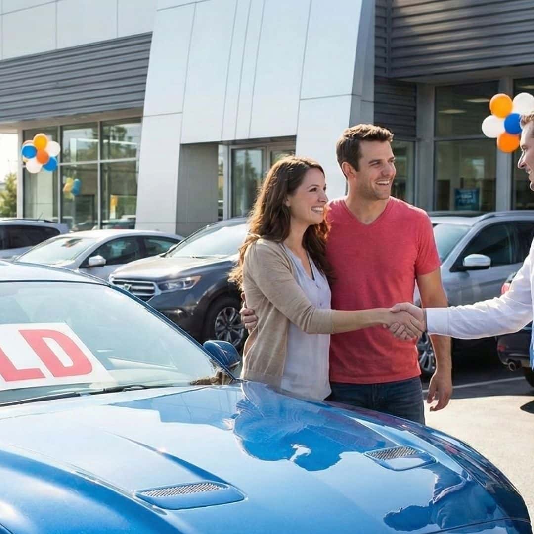 Two people shaking hands over a car's hood at a dealership with a "SOLD" sign, visualizing a successful sale.