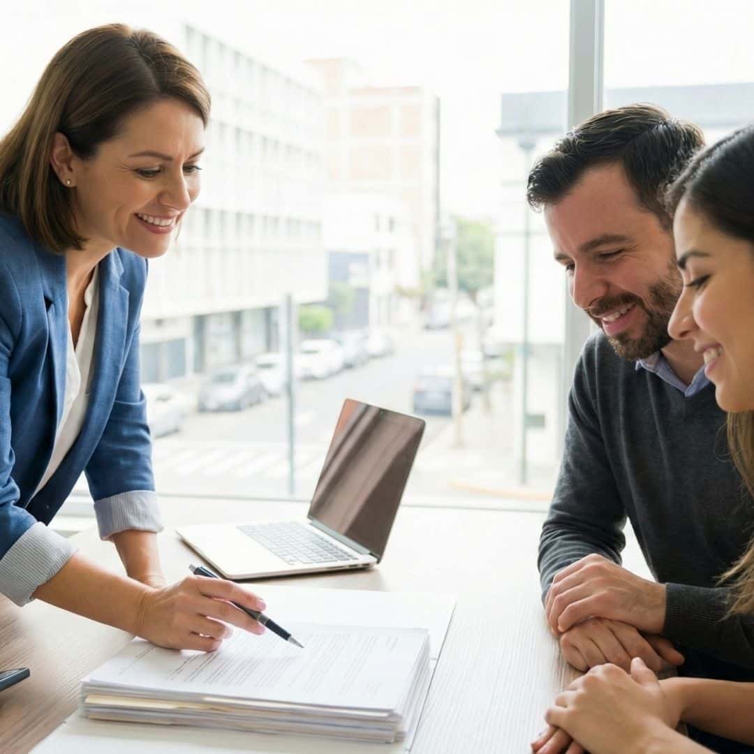 A smiling finance manager explaining documents to a couple at a desk.