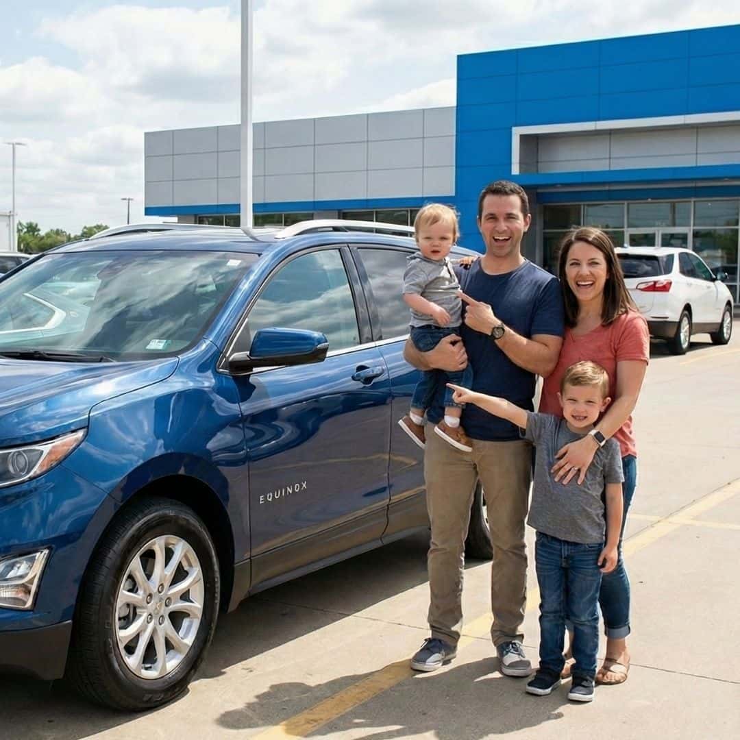 A family happily looking at a new Chevrolet Equinox on a car lot.