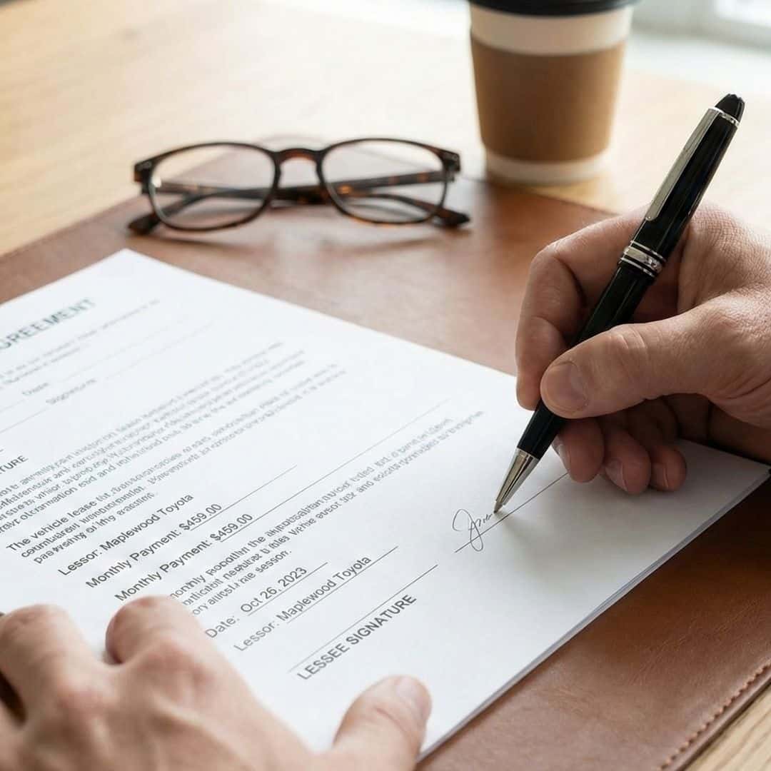 A close-up photo of hands signing a vehicle lease agreement on a desk.