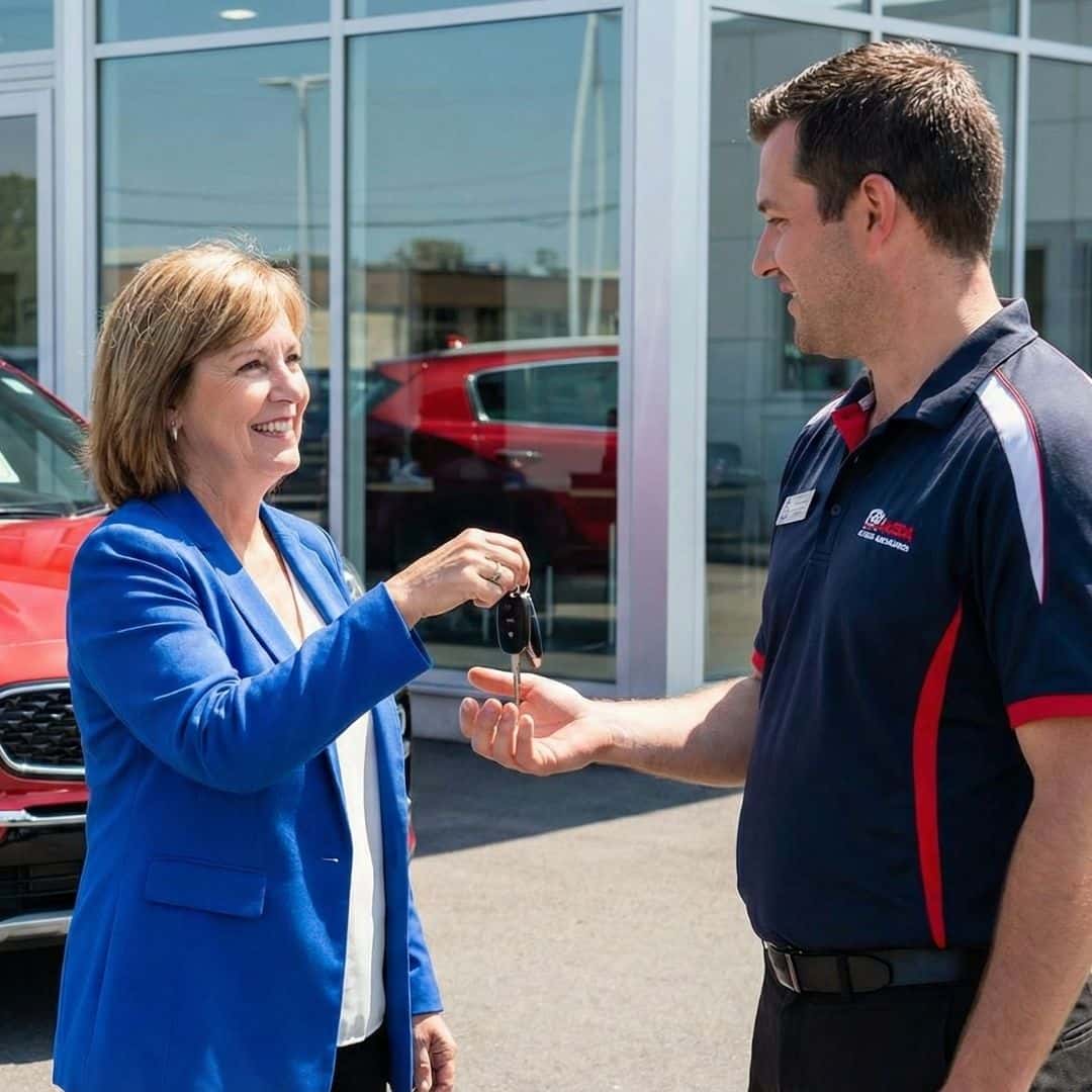A customer handing car keys to a dealership employee with a new car in the background.
