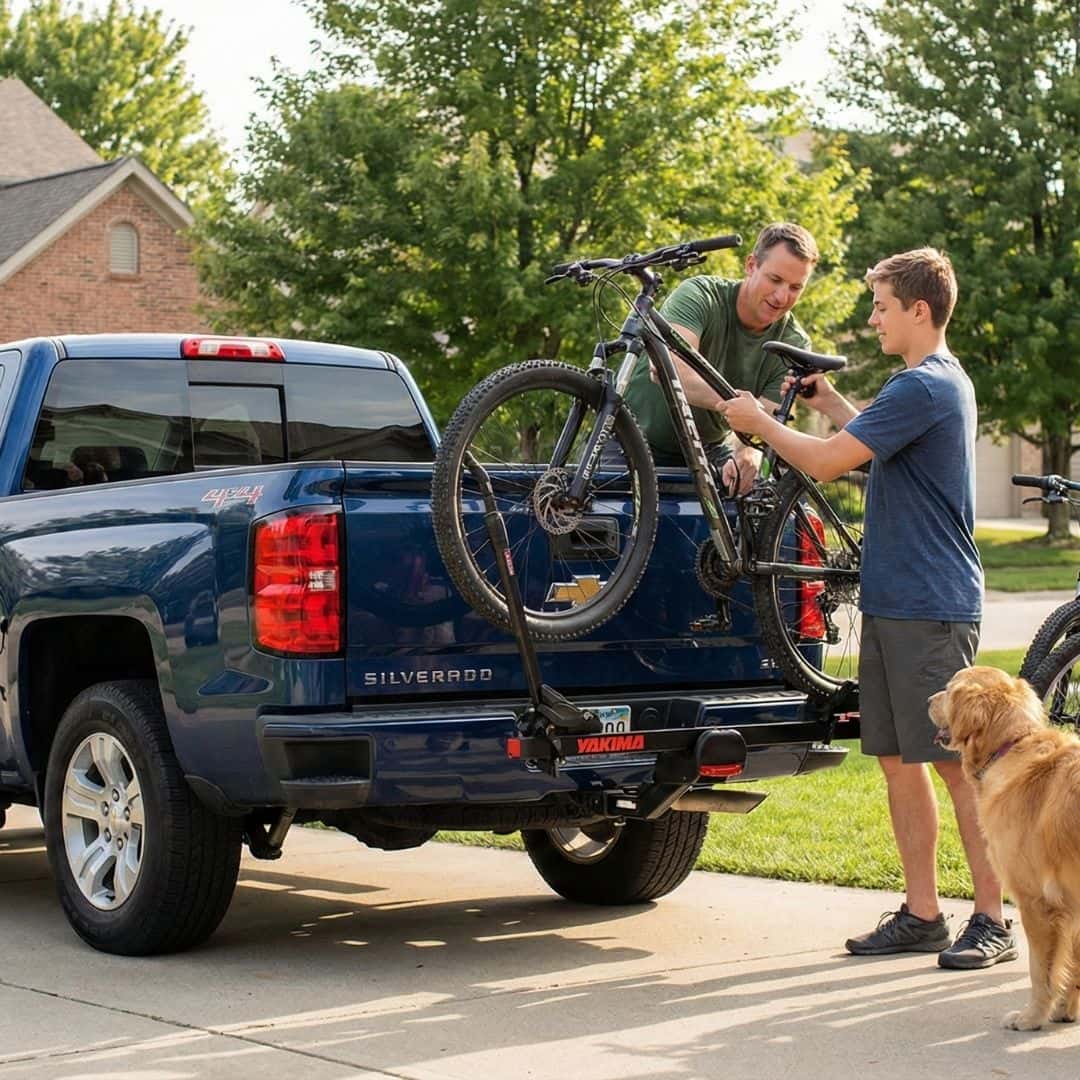 Family loading bicycles onto a rack on the back of a pickup truck.