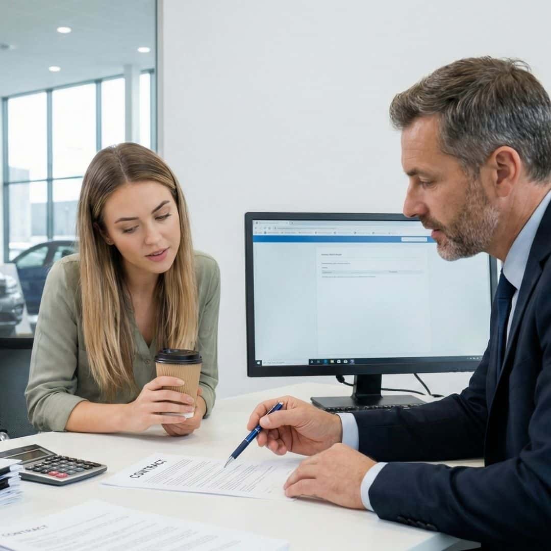 A finance manager discussing paperwork with a young customer.