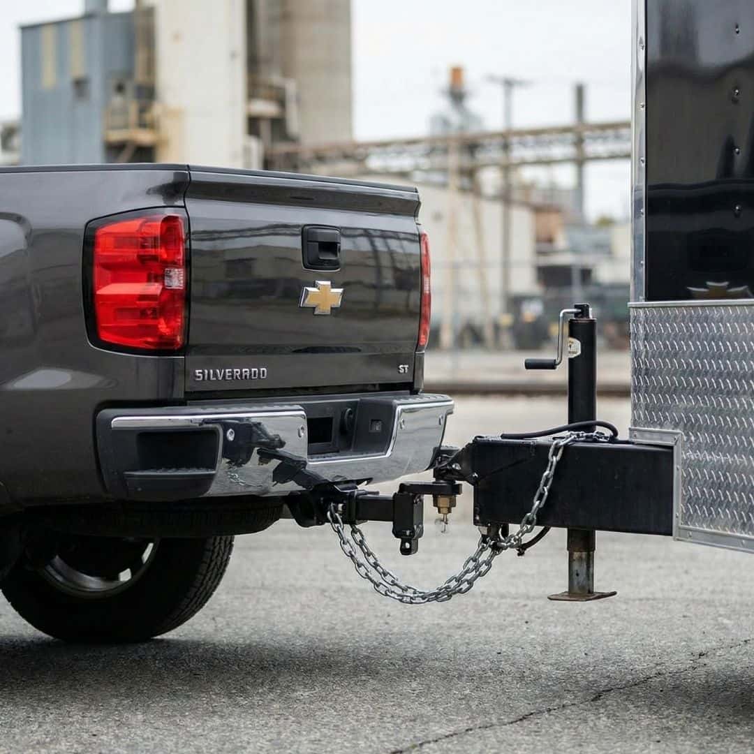 A close-up view of a Chevrolet Silverado's rear hitch connected to a large trailer.