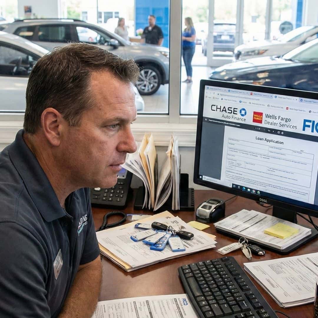 A dealership employee at a desk with computer screens, looking for lenders.
