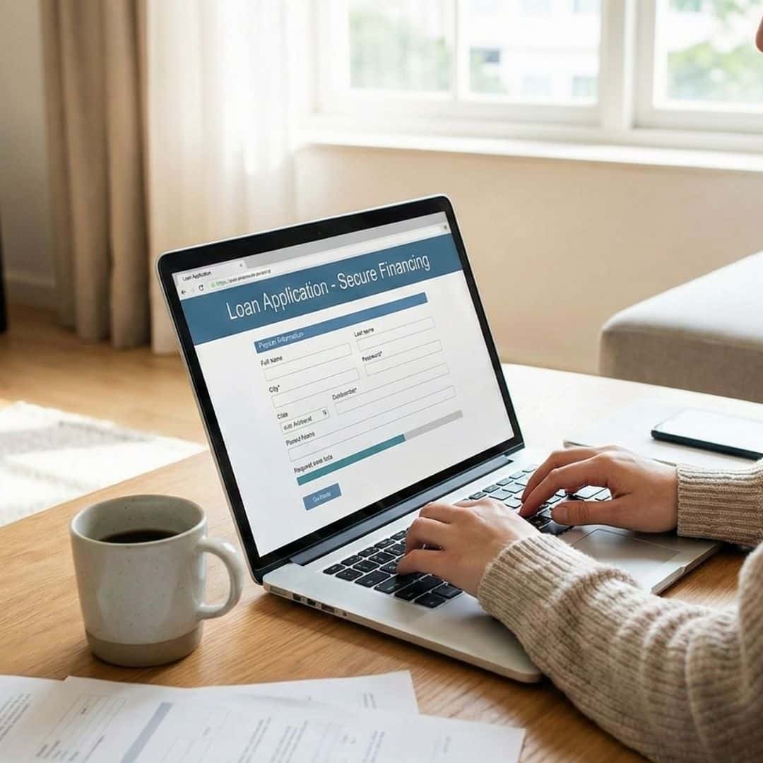 A person at home using a laptop to apply for financing online.
