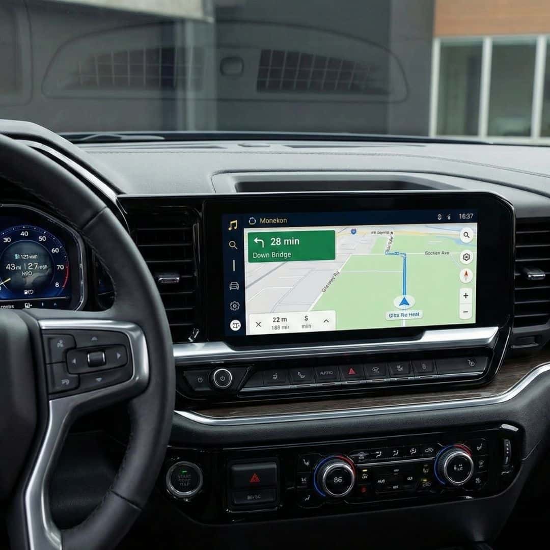 A silver Chevrolet Silverado's Multi-Flex tailgate is open, showing the full-width step feature.