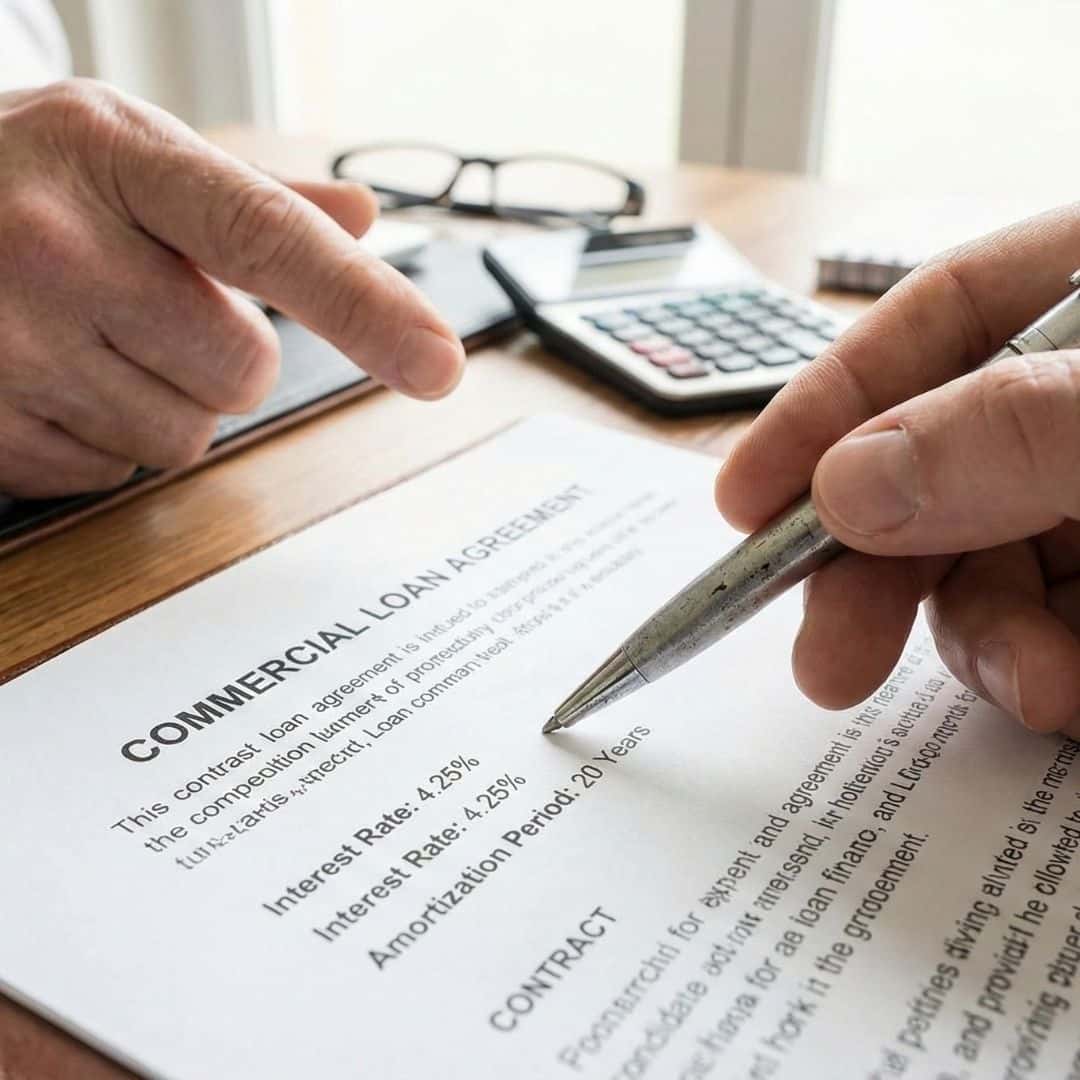A close-up of a hand pointing to financial terms on a contract with an expert explaining.