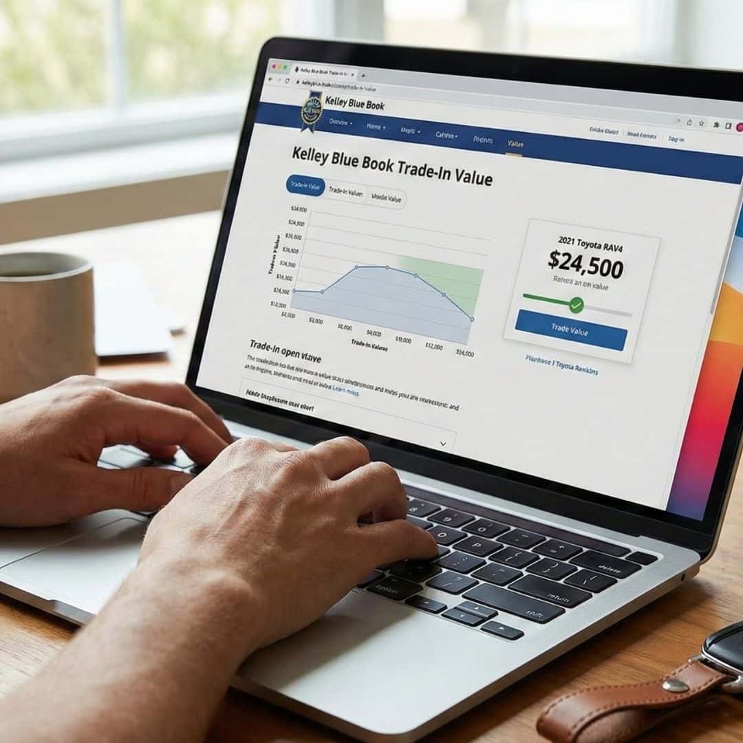 A person uses a laptop to get a car valuation online, with a car key fob resting on the desk.