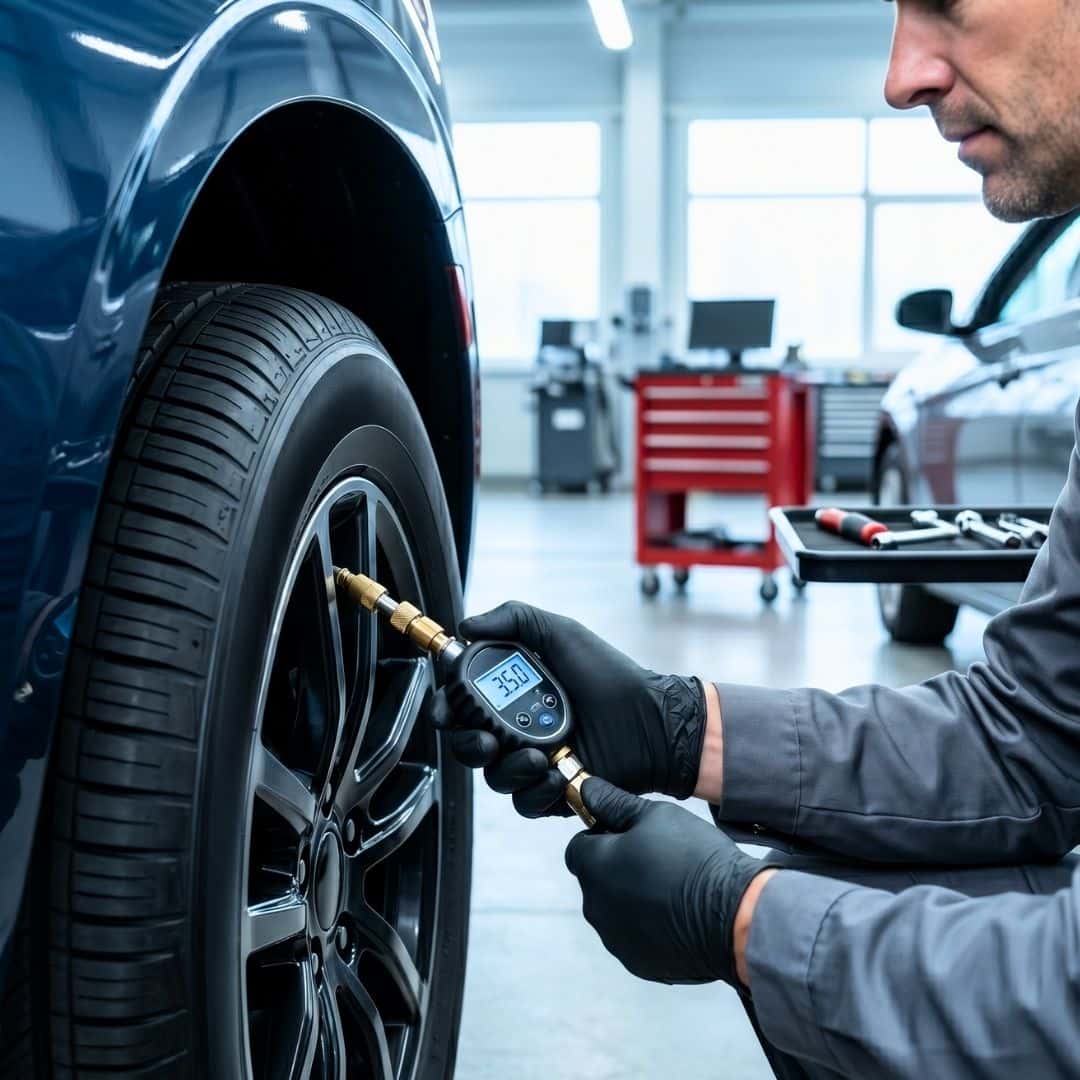 A technician checking the tire pressure on a Chevrolet vehicle inside a service center.