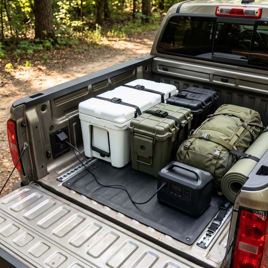 Close-up of organized camping gear secured with tie-downs in a pickup truck bed.