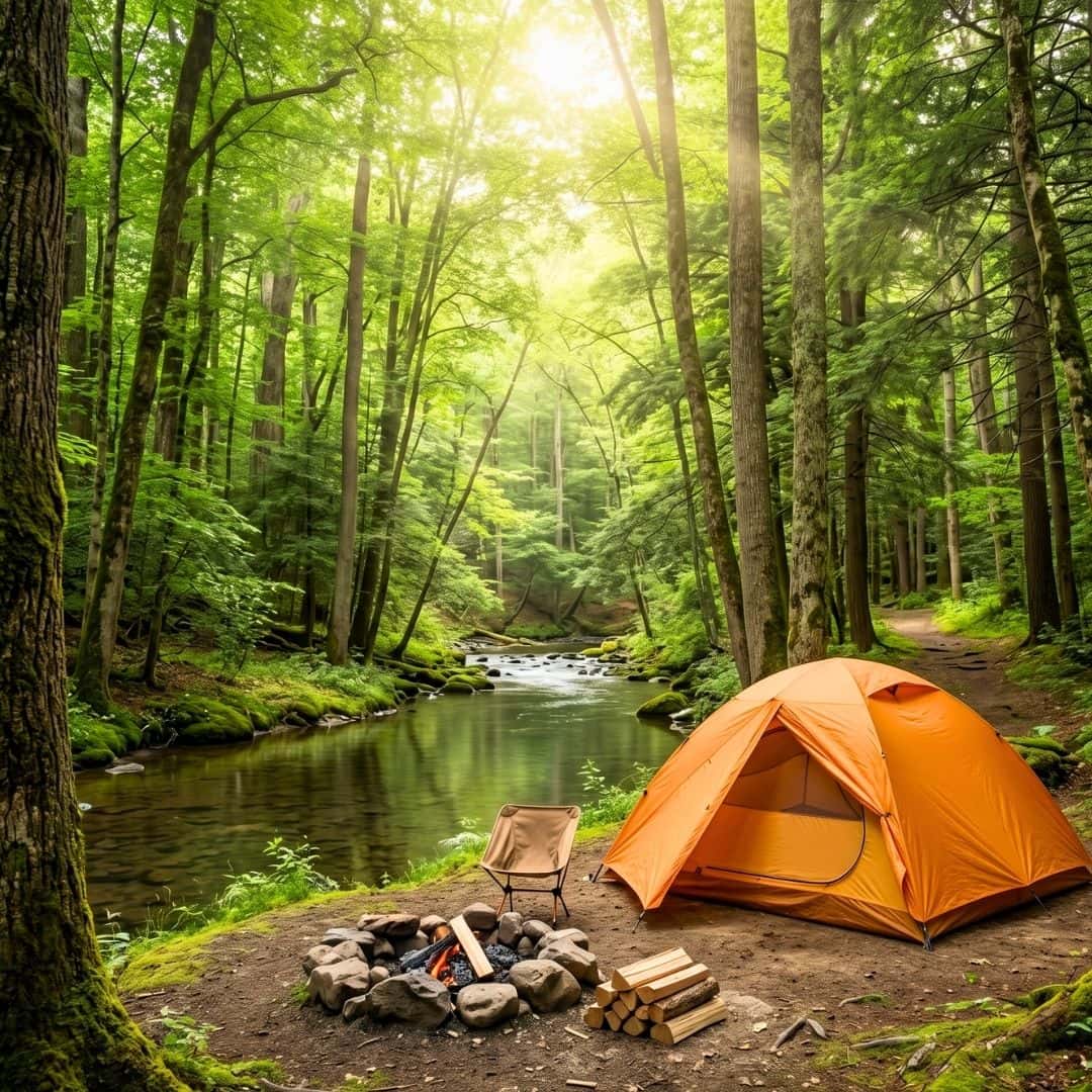 A peaceful summer campsite with a tent pitched near a creek in a dense forest.