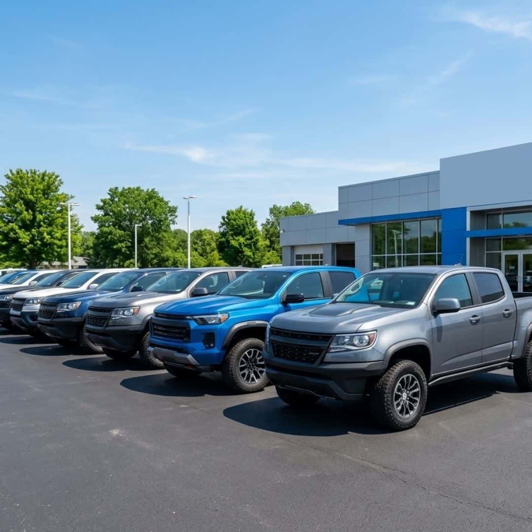 Neatly lined up new pickup trucks on a sunny automotive dealership lot.