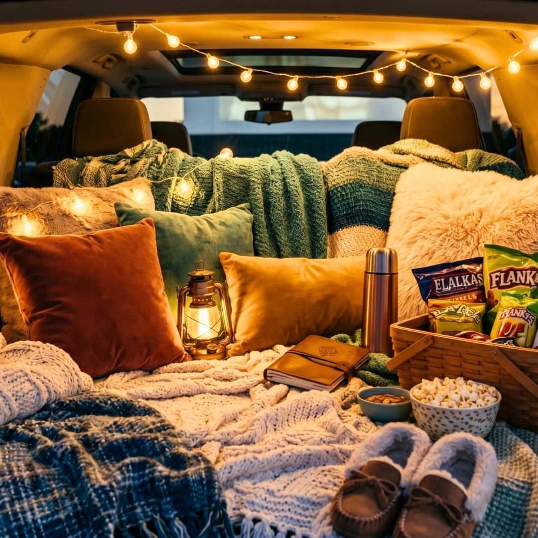 A cozy arrangement of pillows and blankets transforming an SUV cargo area into a comfortable lounge.
