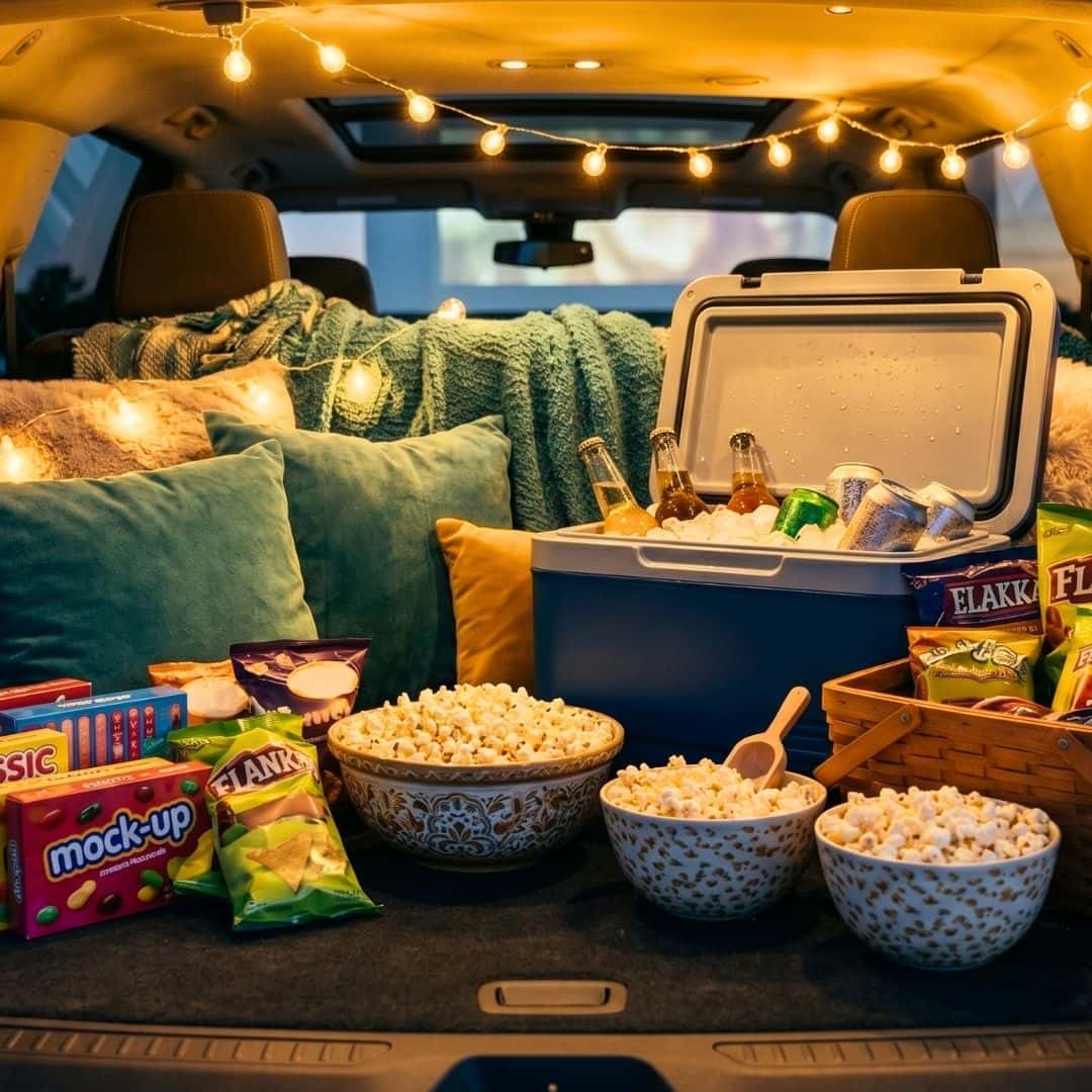 A variety of movie snacks, popcorn, and a cooler packed neatly into the back of a vehicle.