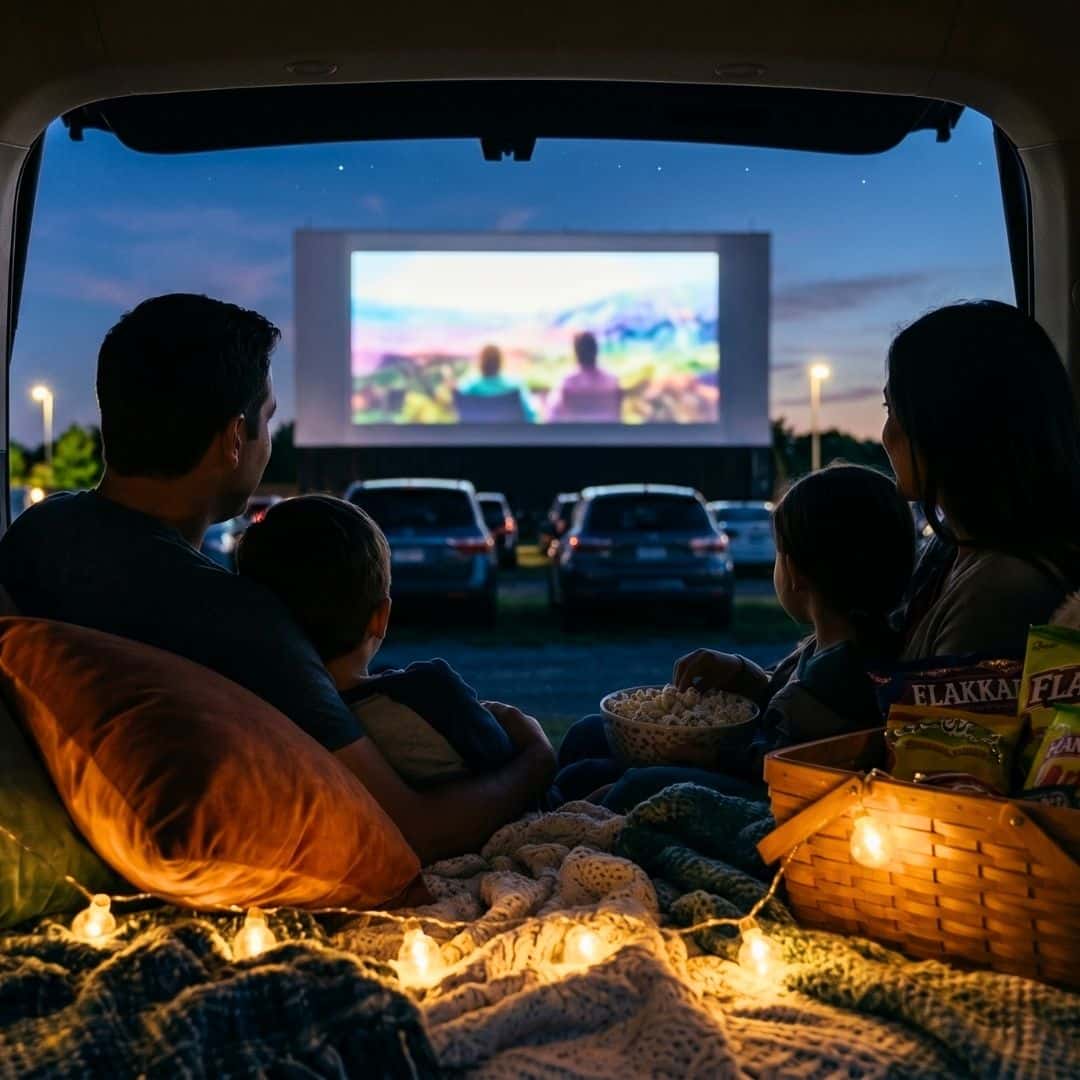 View from inside an SUV trunk looking out towards a drive-in movie screen during a summer night.