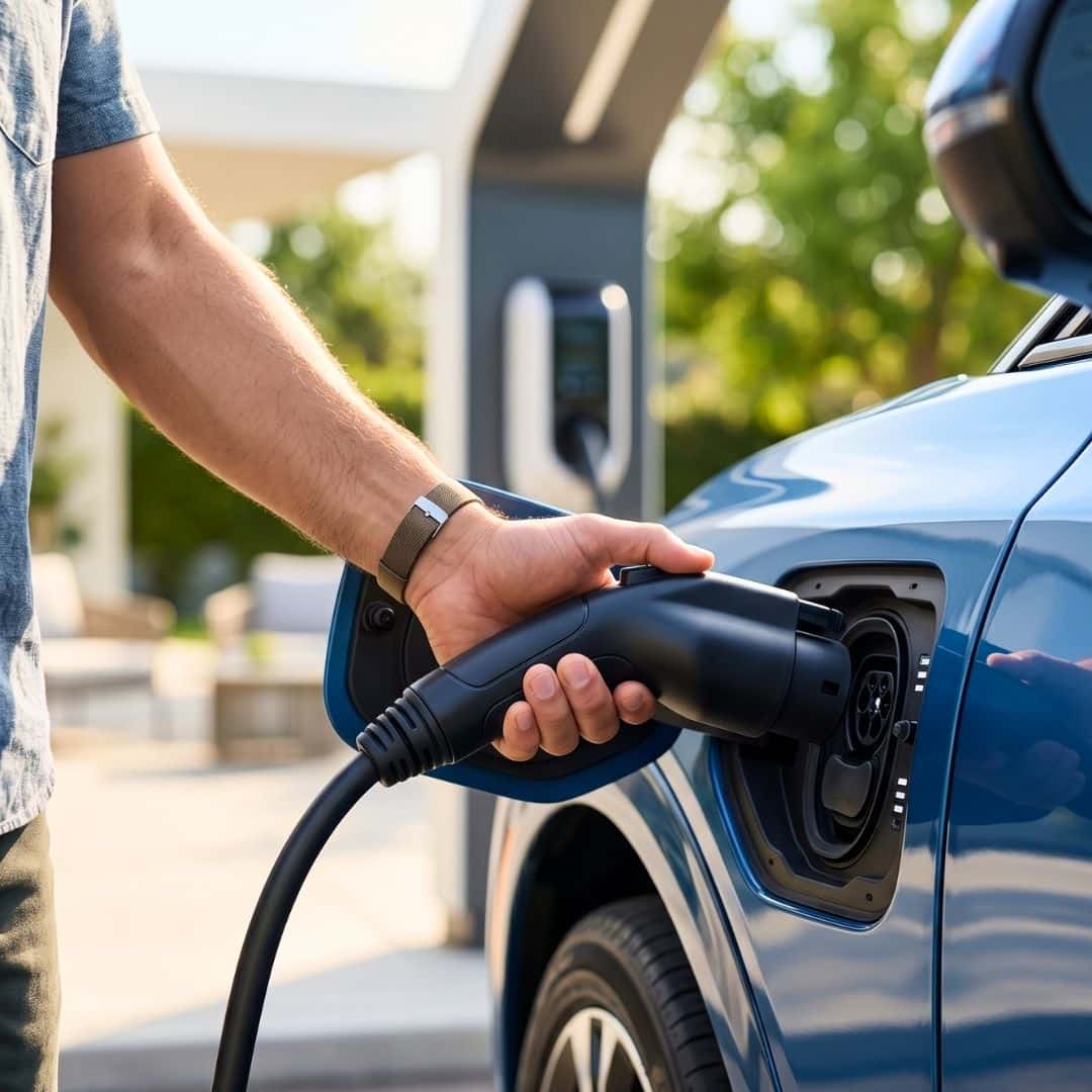 A close-up view of an electric vehicle charging nozzle being plugged into a Chevy Equinox EV on a sunny day.