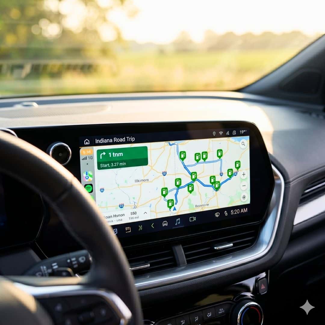 The clear digital dashboard map inside a vehicle showing public EV charging stations along a planned travel route.
