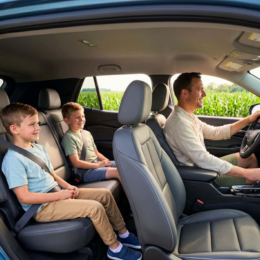 A happy family sitting comfortably inside the spacious cabin of an SUV packed with luggage for a summer vacation.