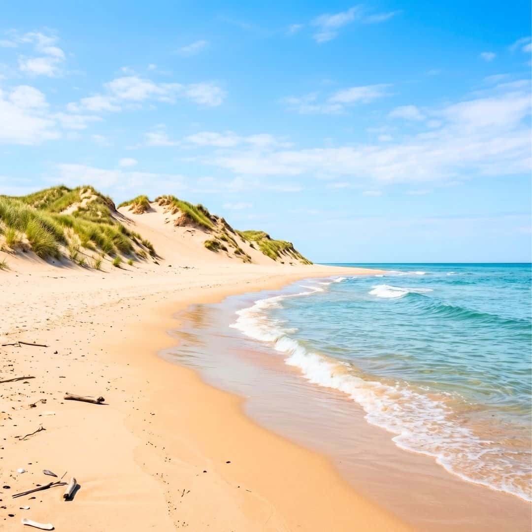A serene sandy beach shoreline with gentle waves under a clear blue summer sky.