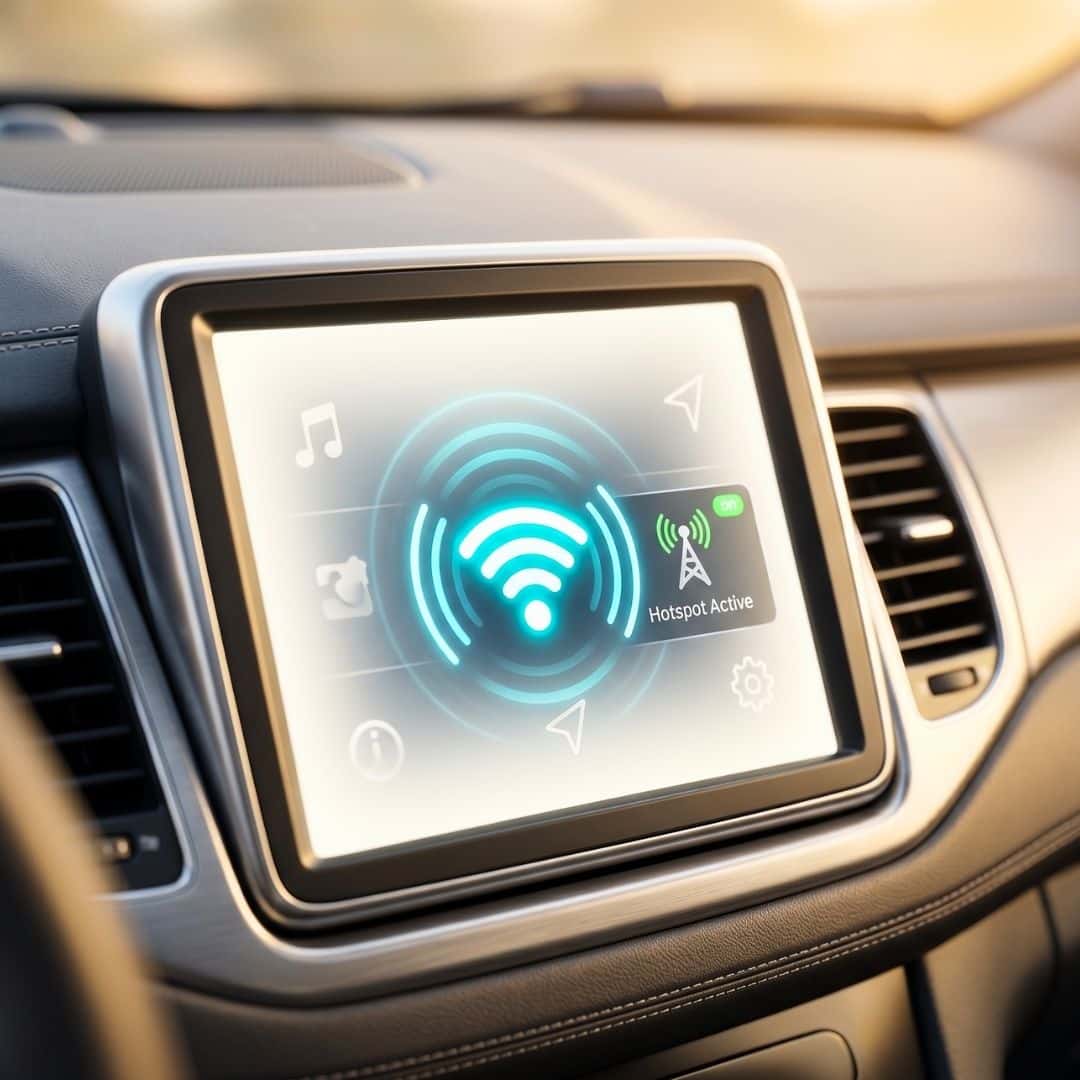 A close-up of a modern car dashboard screen displaying an active Wi-Fi hotspot signal icon.