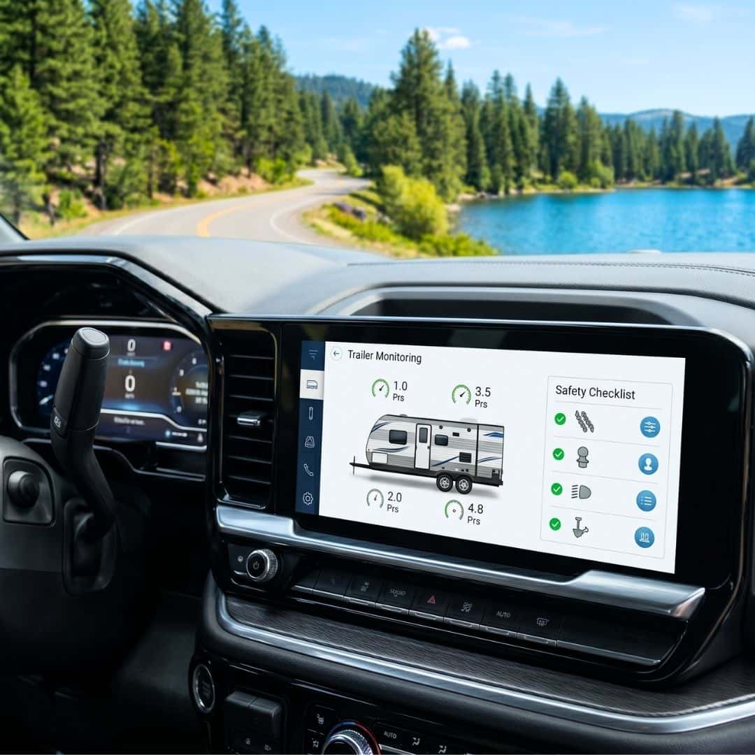 Modern truck infotainment screen displaying digital trailering diagnostics and safety checklists.