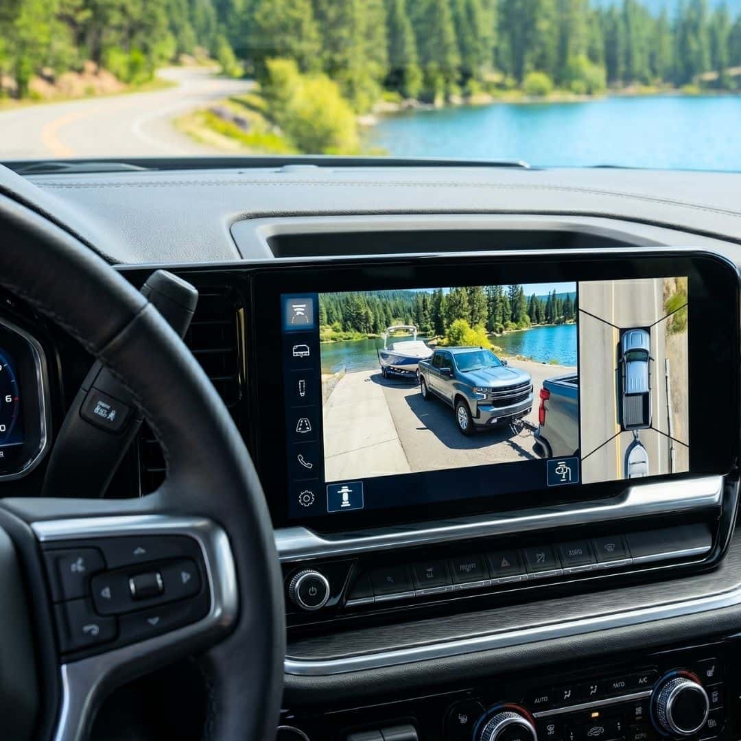 In-dash display screen showing multi-angle camera views of a boat trailer hitch.