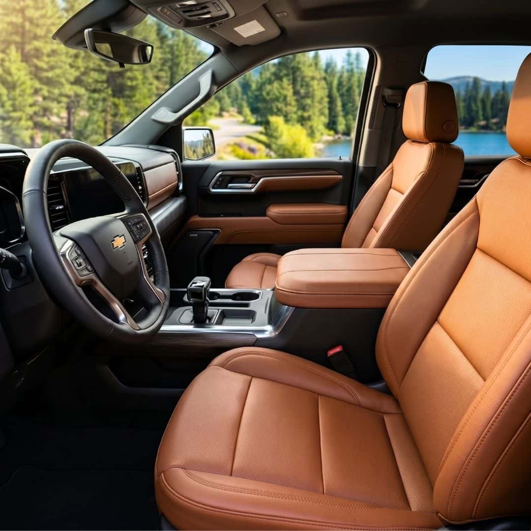 Premium, spacious front cabin interior of a modern Chevrolet truck.