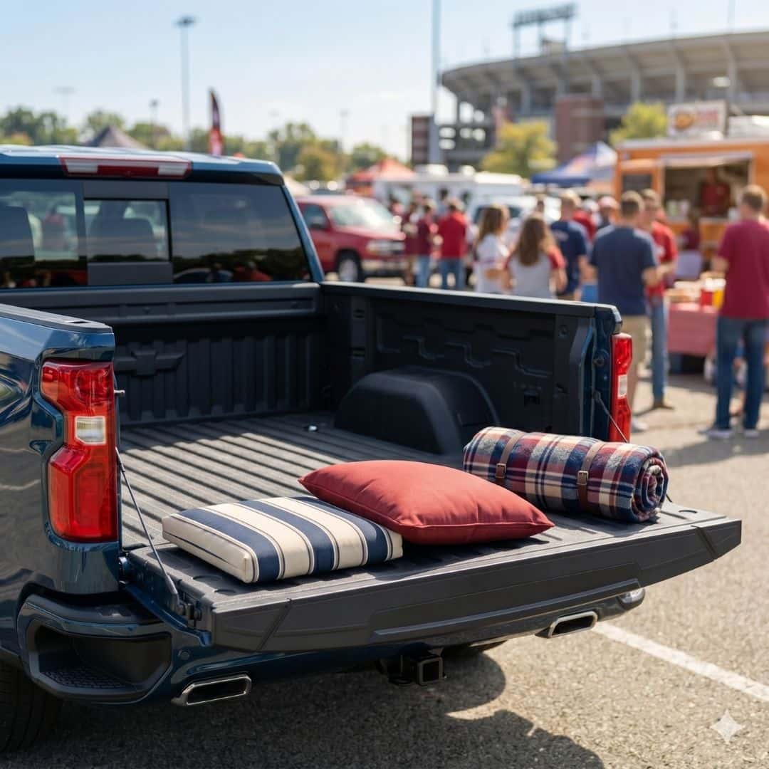 A square image of a Chevy Silverado truck bed with the tailgate step lowered and fitted with comfortable cushions for tailgating seating.