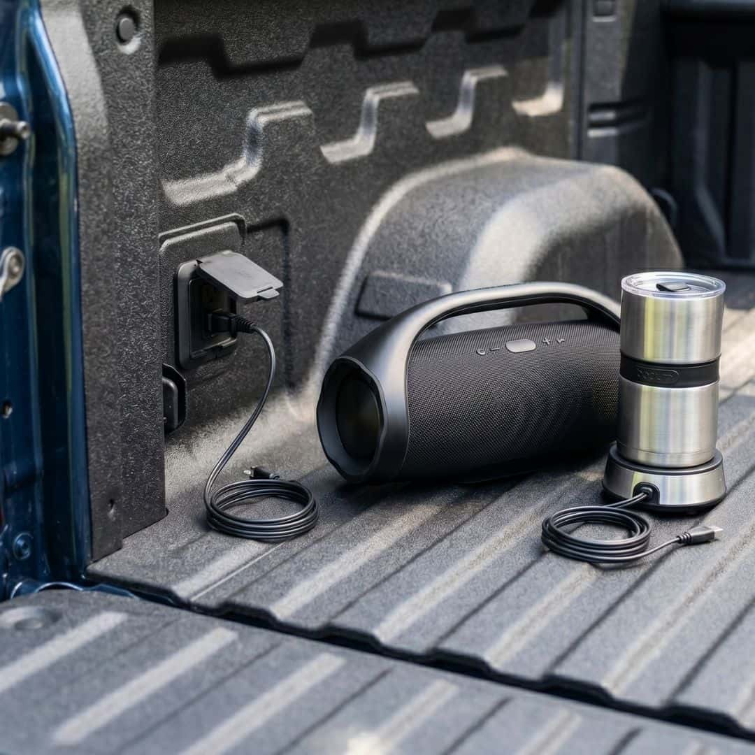 A square close-up of a portable outdoor speaker plugged into the built-in power outlet inside a Chevy Silverado truck bed.