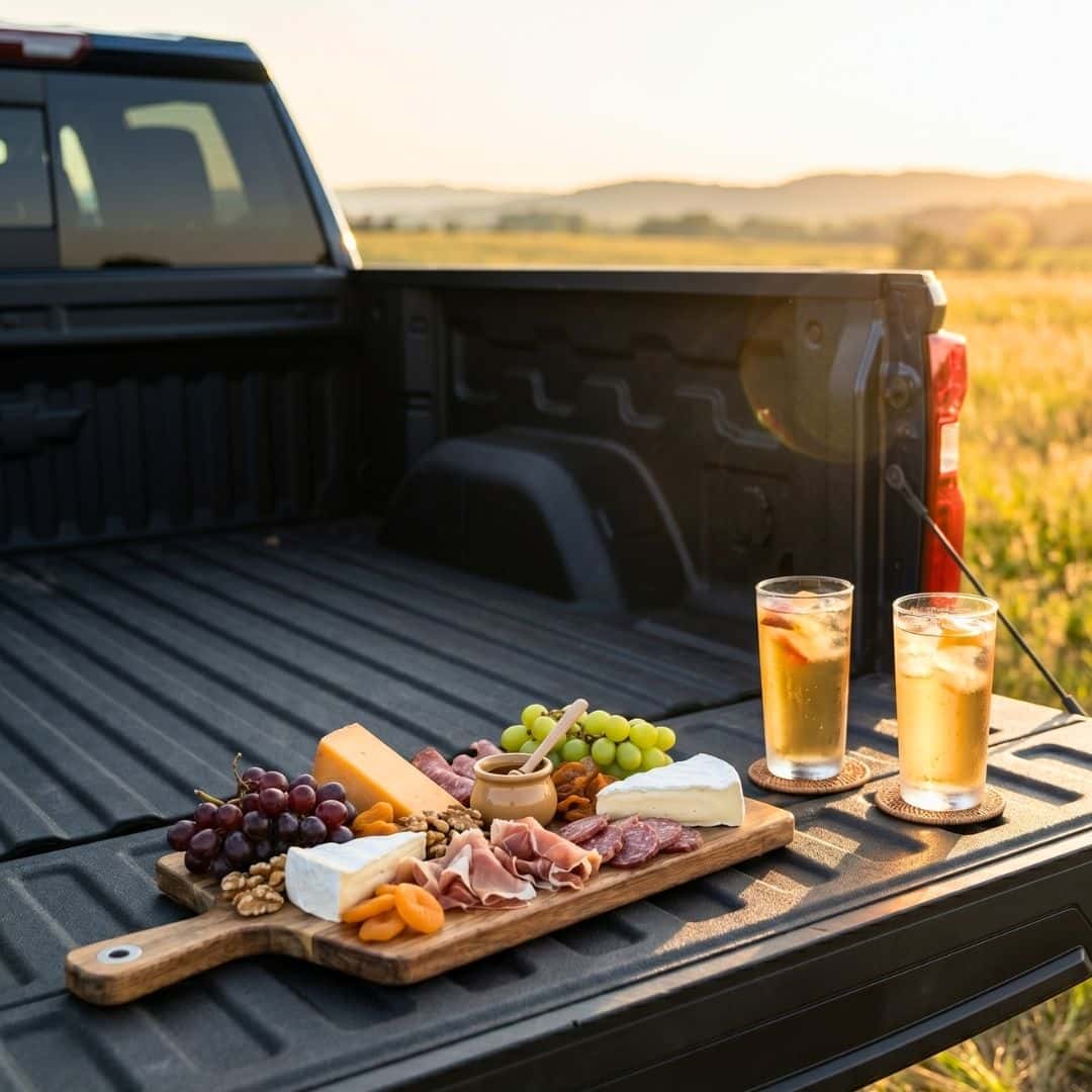 A square lifestyle photo of a picnic layout with a charcuterie board and drinks arranged on a flat Chevy Silverado tailgate.