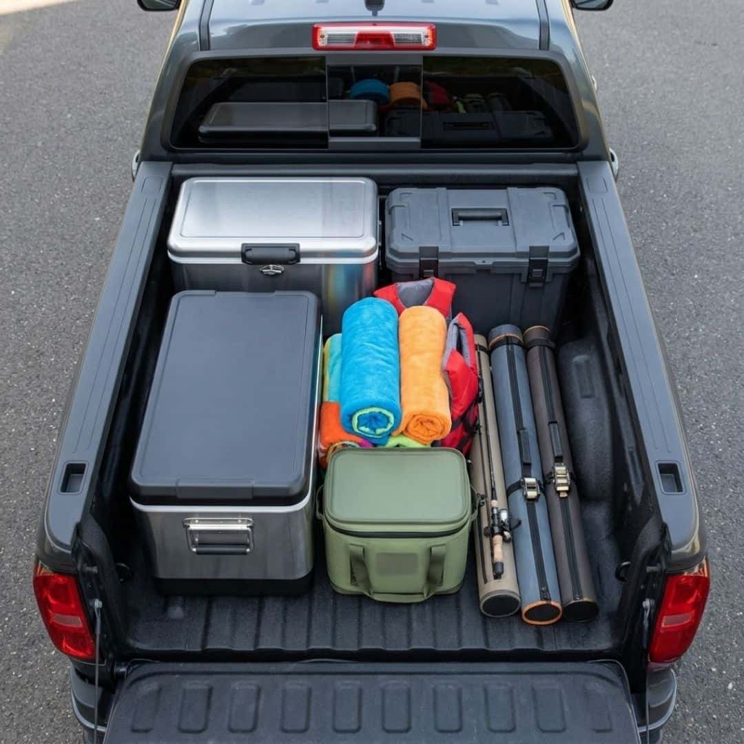 chevy colorado truck bed packed for the lake