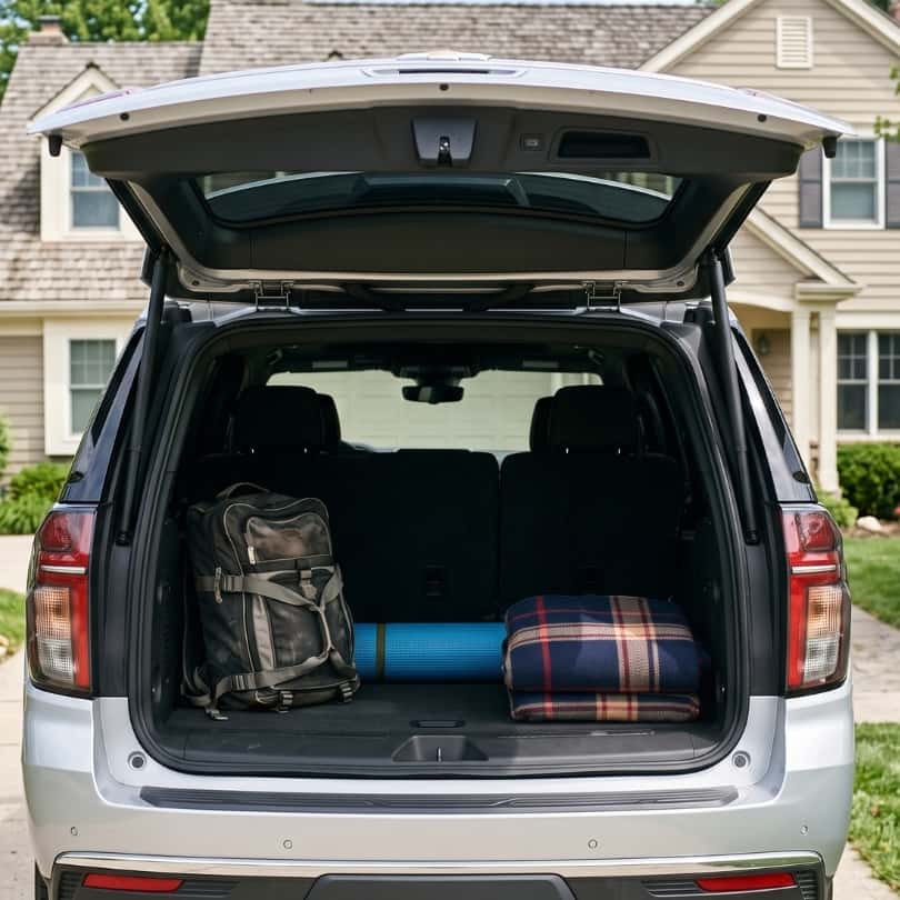 The trunk of a Chevy Tahoe packed with camping gear.