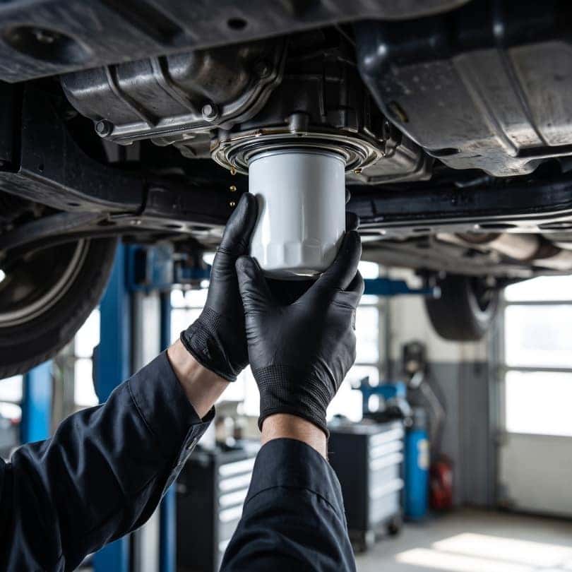 A mechanic carefully installs a new, clean oil filter.