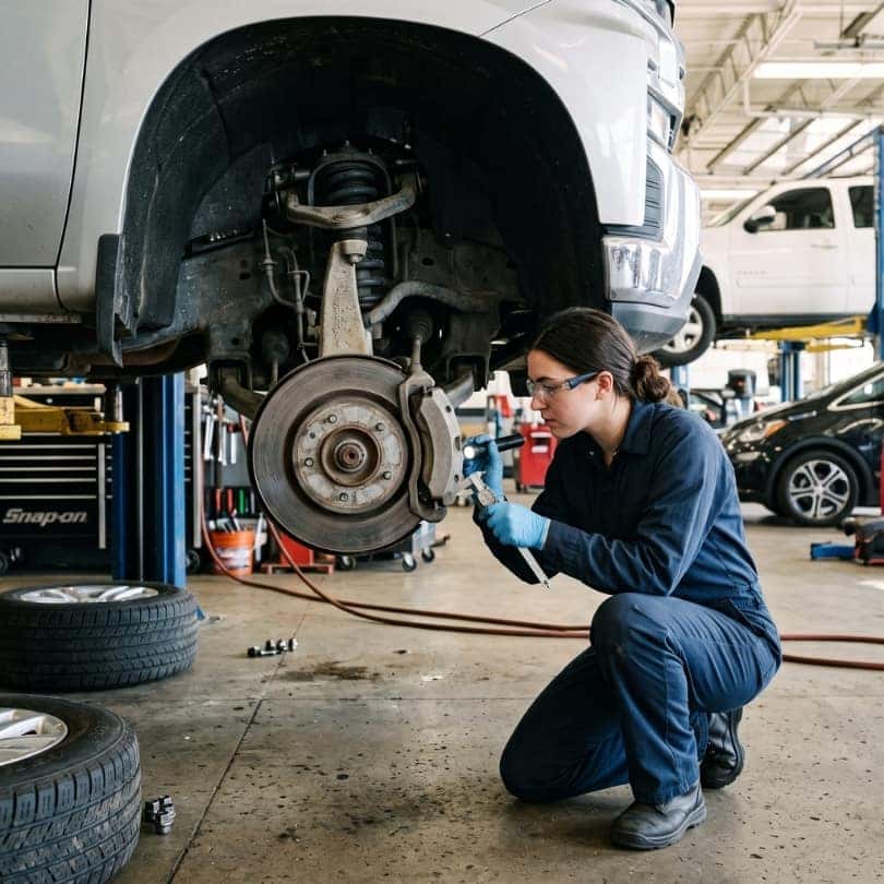 A technician inspects the brake pads of a vehicle.
