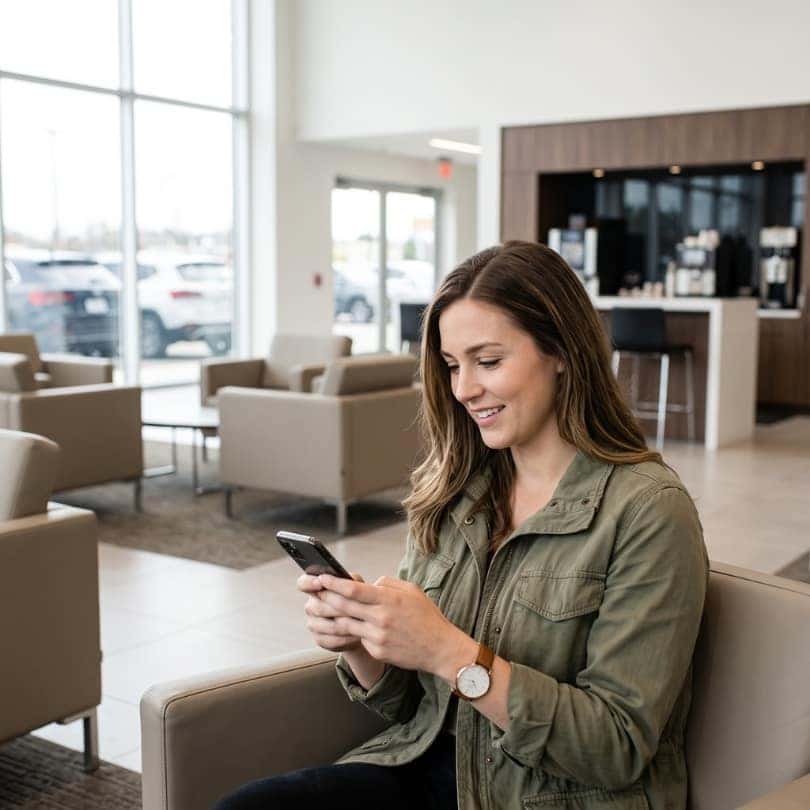A customer checks her phone while waiting in a modern dealership lounge.