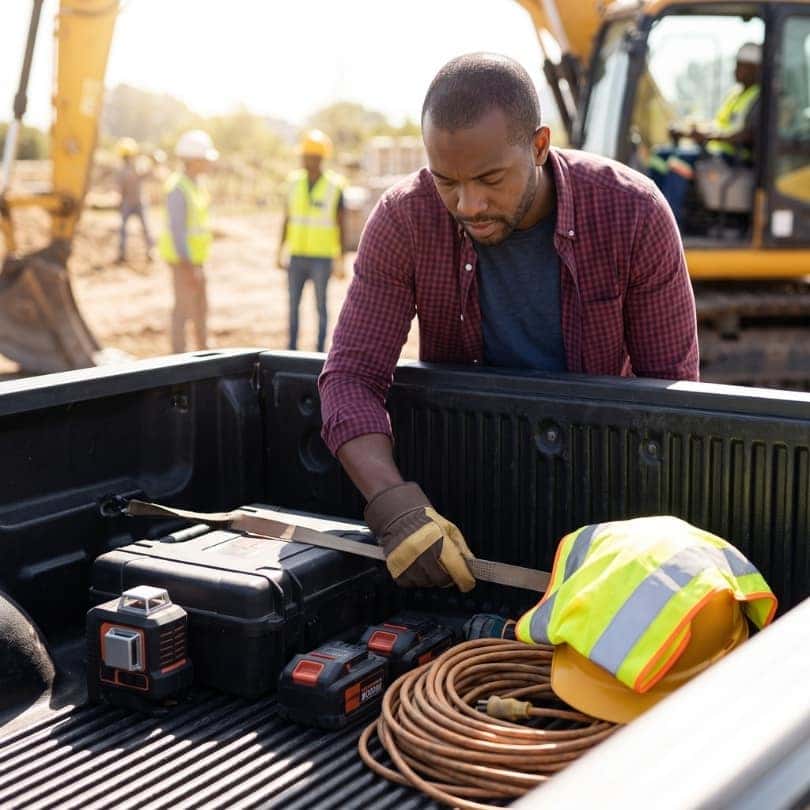 A construction worker secures tools inside a truck bed.