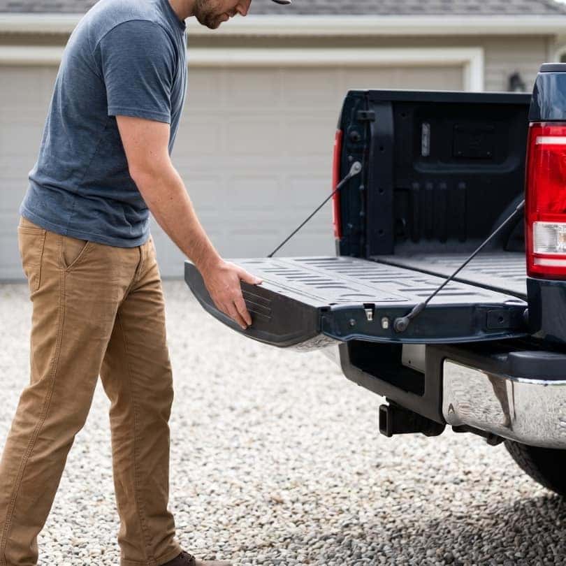 A person closes the tailgate of a dark pickup truck.